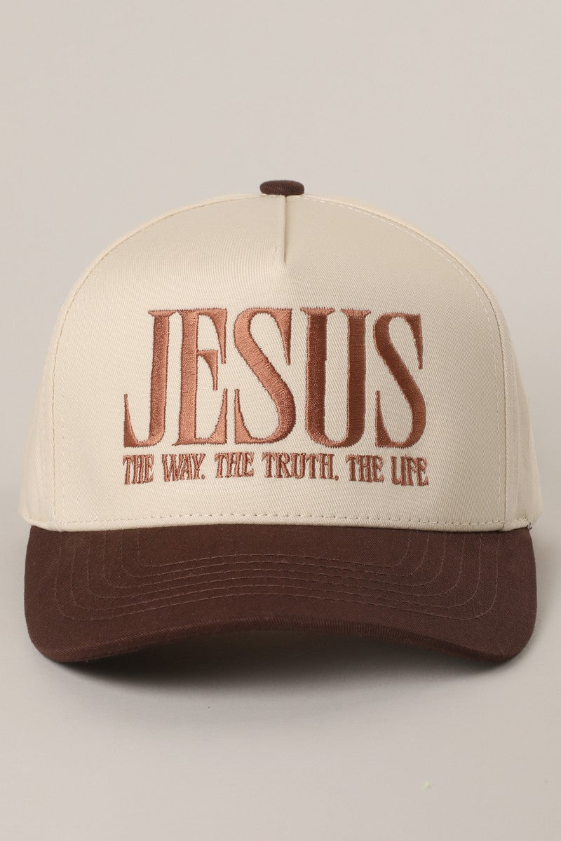 Women's brown and beige trucker hat with 'Jesus The Way, The Truth, The Life' 