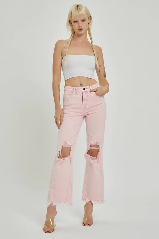 risen brand acid pink distressed denim jeans straight leg