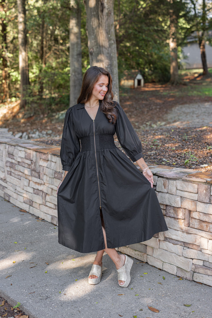 black anthro zipper midi dress