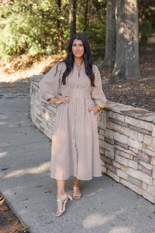 tan white striped zipper midi dress