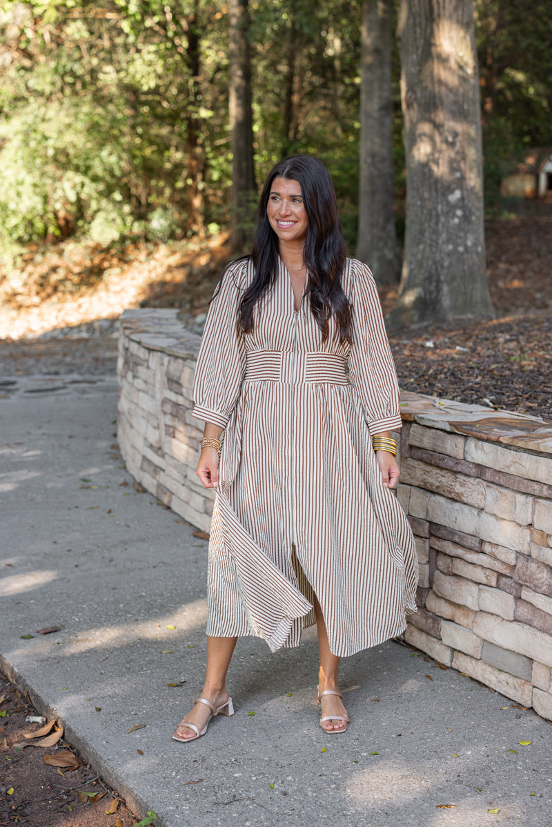 tan white striped zipper midi dress