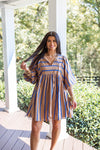 mocha tan babydoll blue ribbon stripe dress