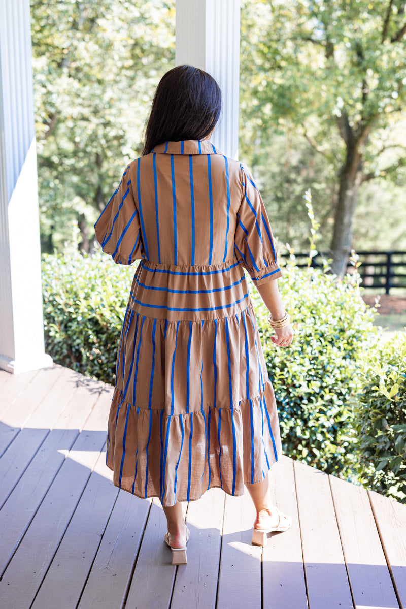 tan blue ribbon stripe babydoll midi dress