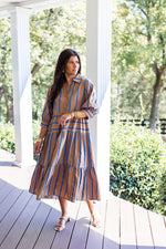 tan blue ribbon stripe babydoll midi dress