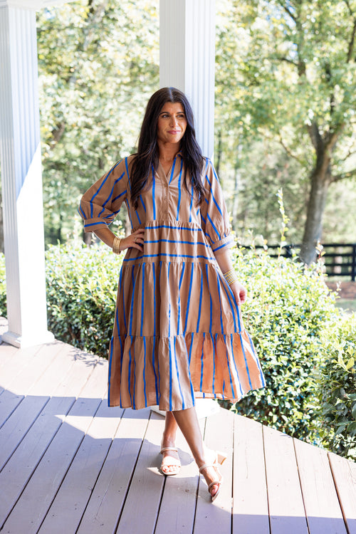 tan blue ribbon stripe babydoll midi dress