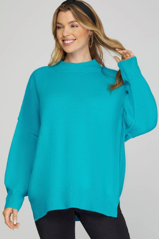 Women's aqua blue ribbed knit mock neck sweater top with side slits by She + Sky