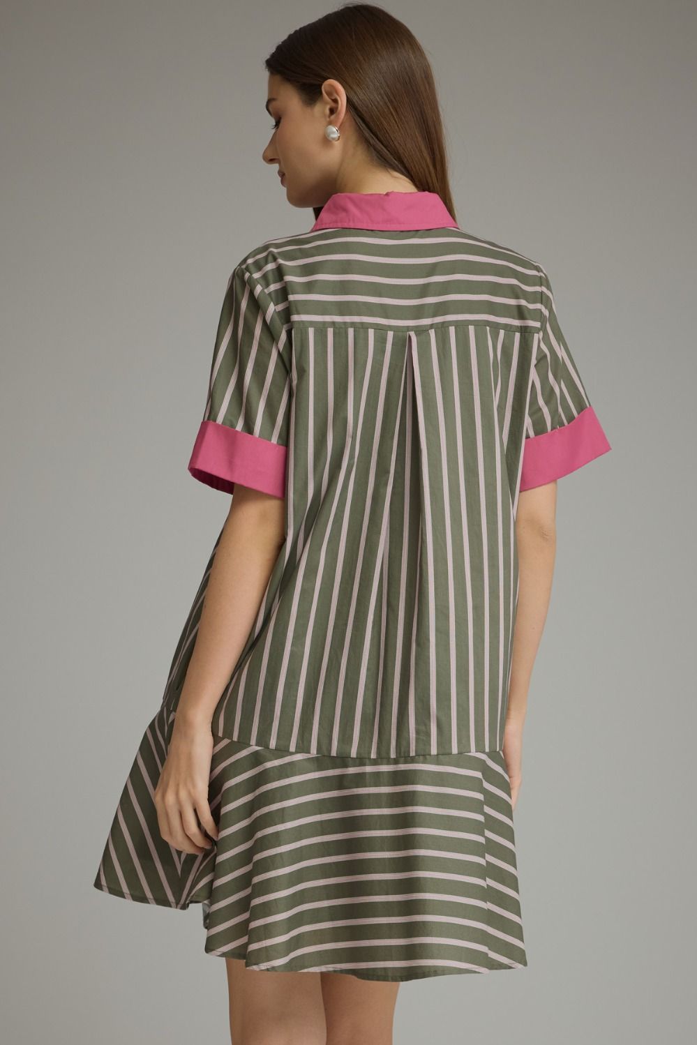 Entro army green and pink striped button front dress with a flattering silhouette