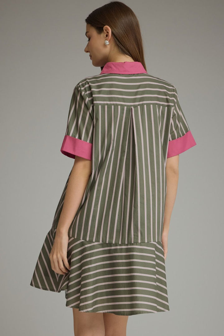 Entro army green and pink striped button front dress with a flattering silhouette