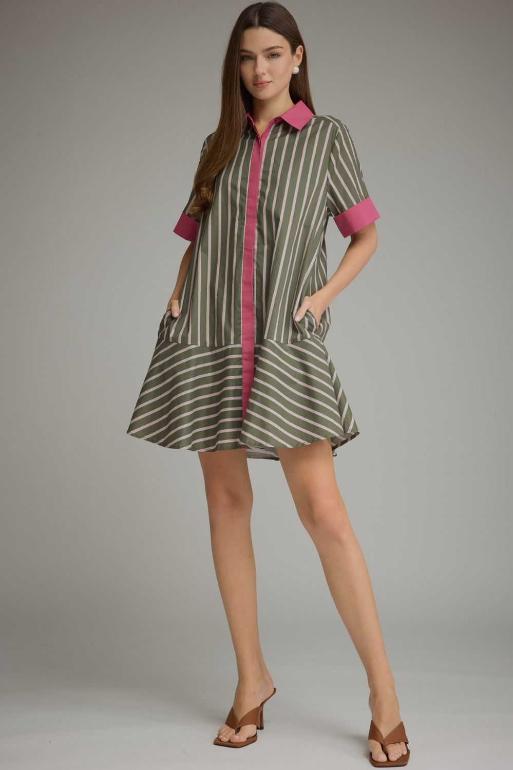 Entro army green and pink striped button front dress with pink trim