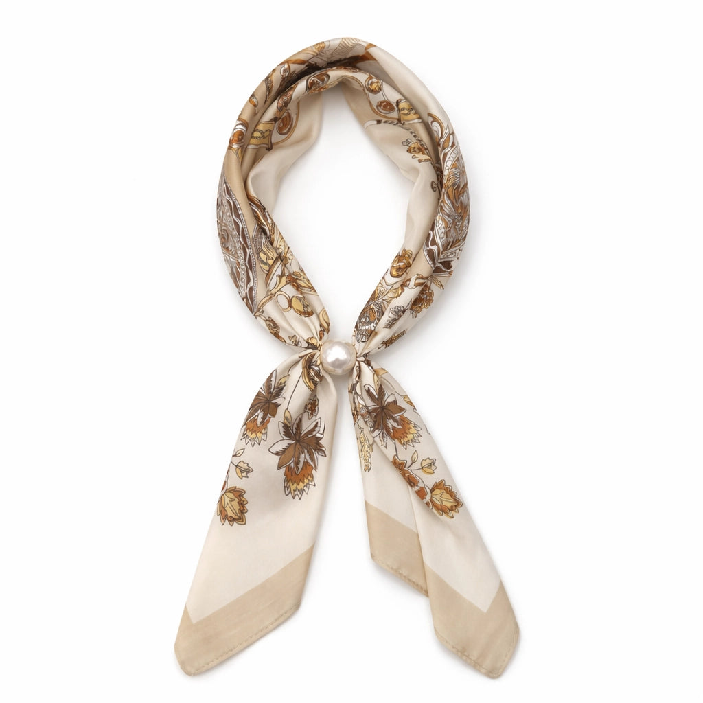 Taupe scraf Necklace with floral pattern and pearl accent magnetic closure