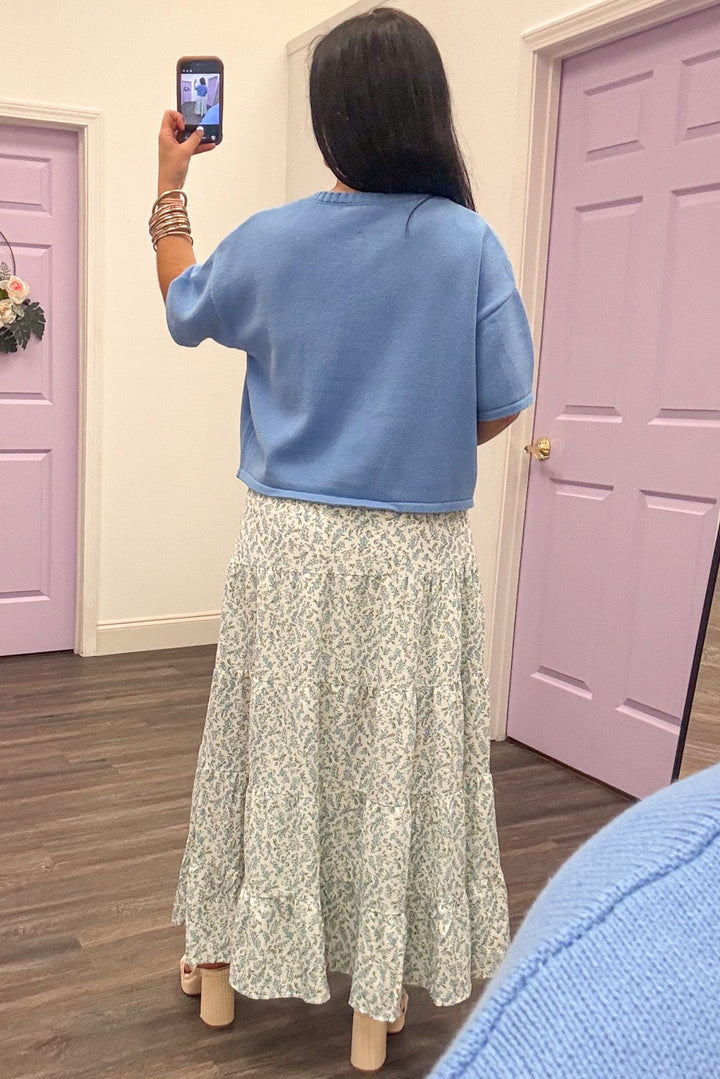 blue crew neckline short sleeve button front comfy knit top