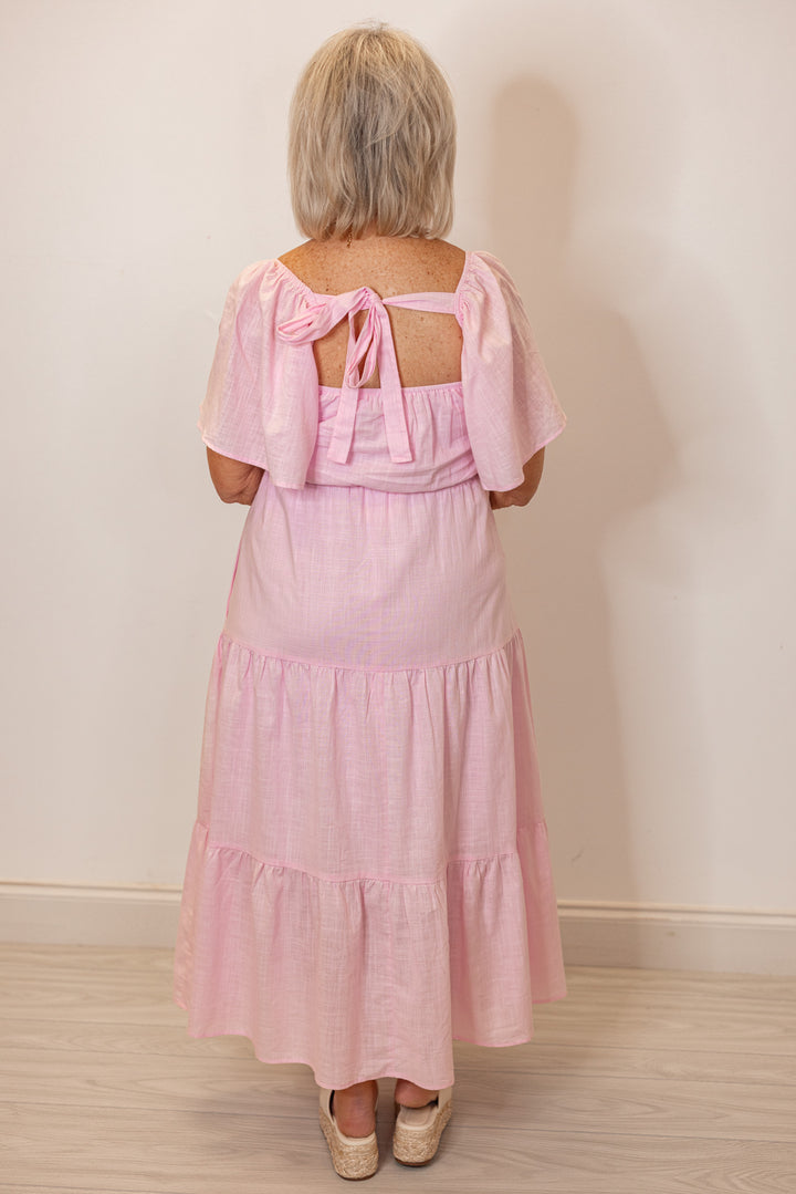 pale pink embroidered floral tiered midi dress