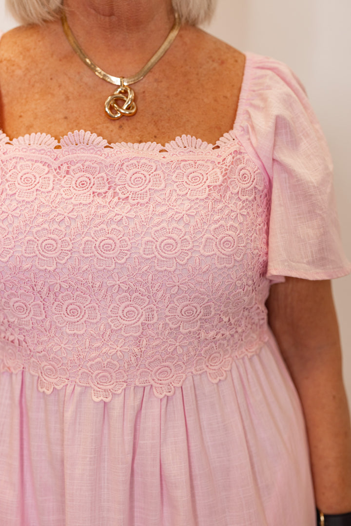 pale pink embroidered floral tiered midi dress