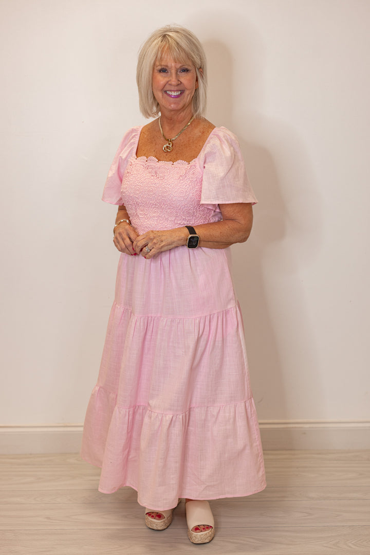 pale pink embroidered floral tiered midi dress