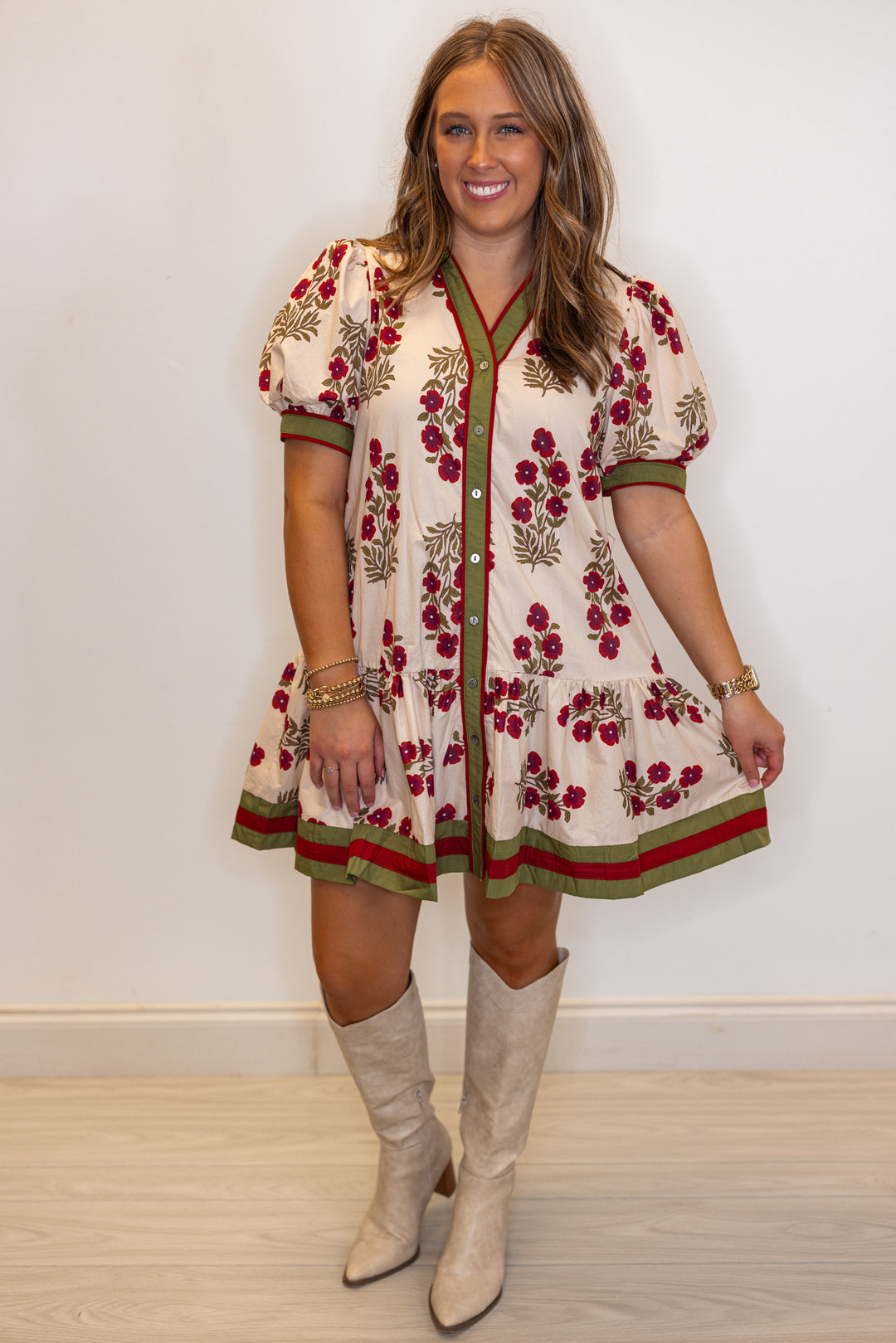 Women's ecru, burgundy and olive floral button down dress with a belted waist by Entro