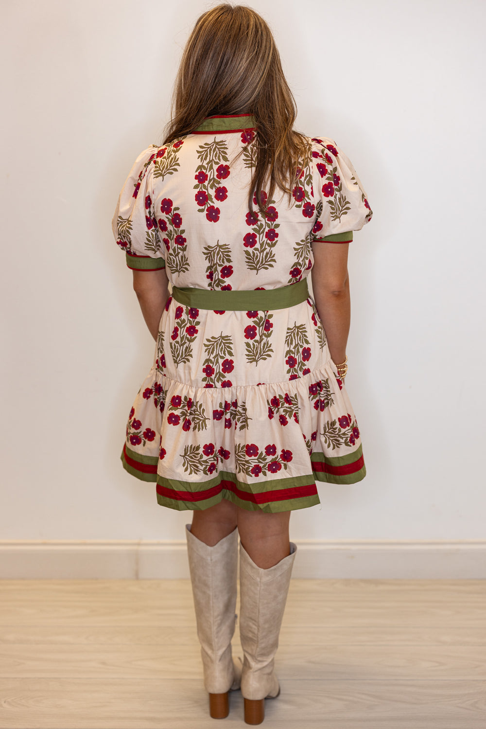 Women's ecru, burgundy and olive floral button down dress with a belted waist by Entro showing full back view