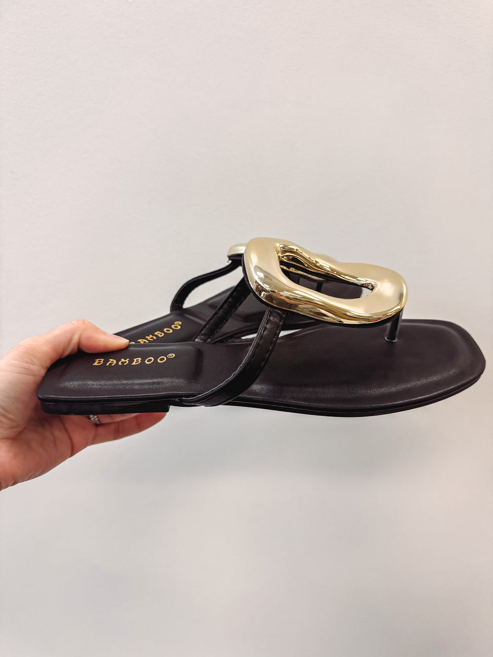 bamboo black oval gold slide sandals