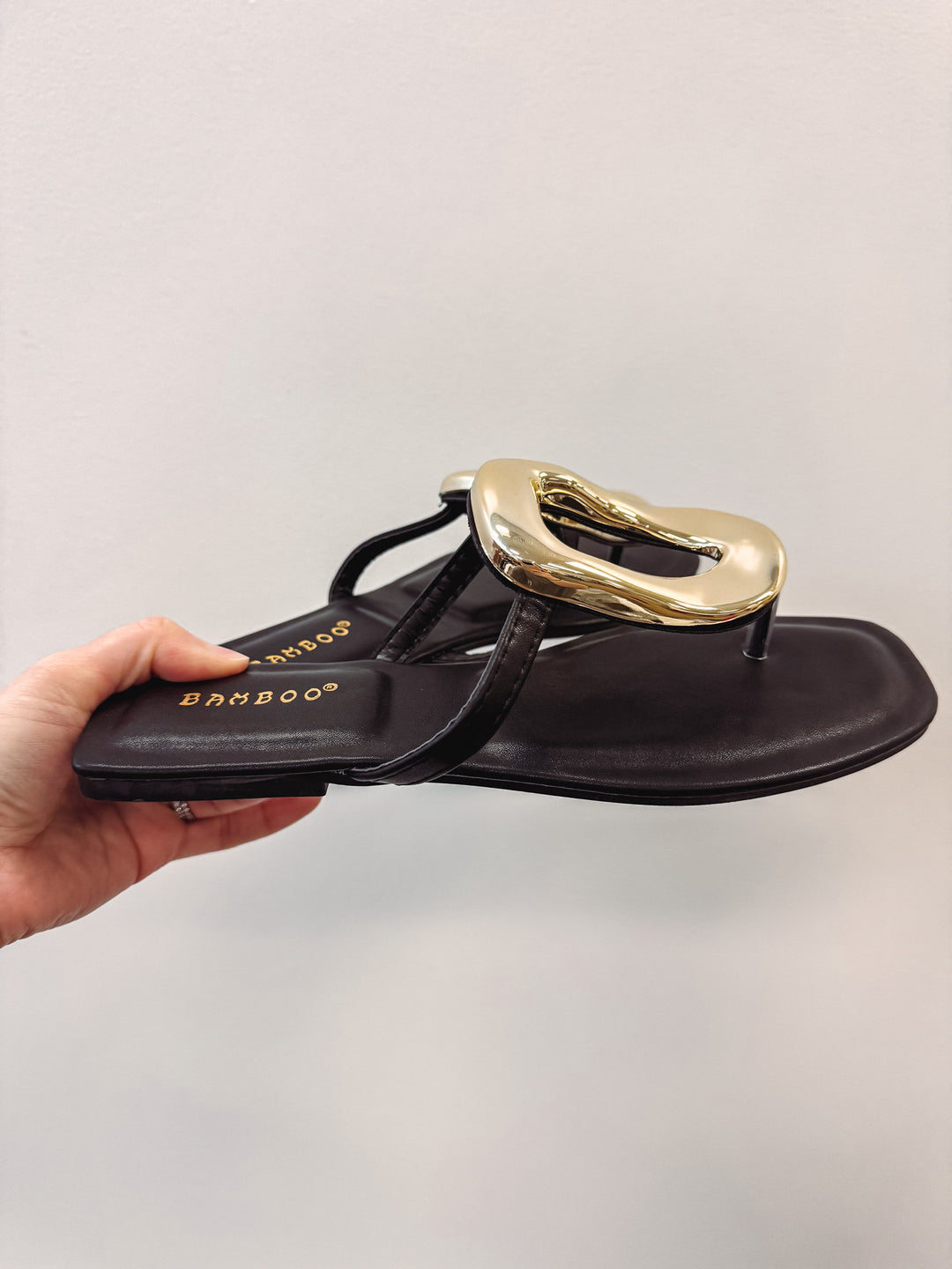 bamboo black oval gold slide sandals