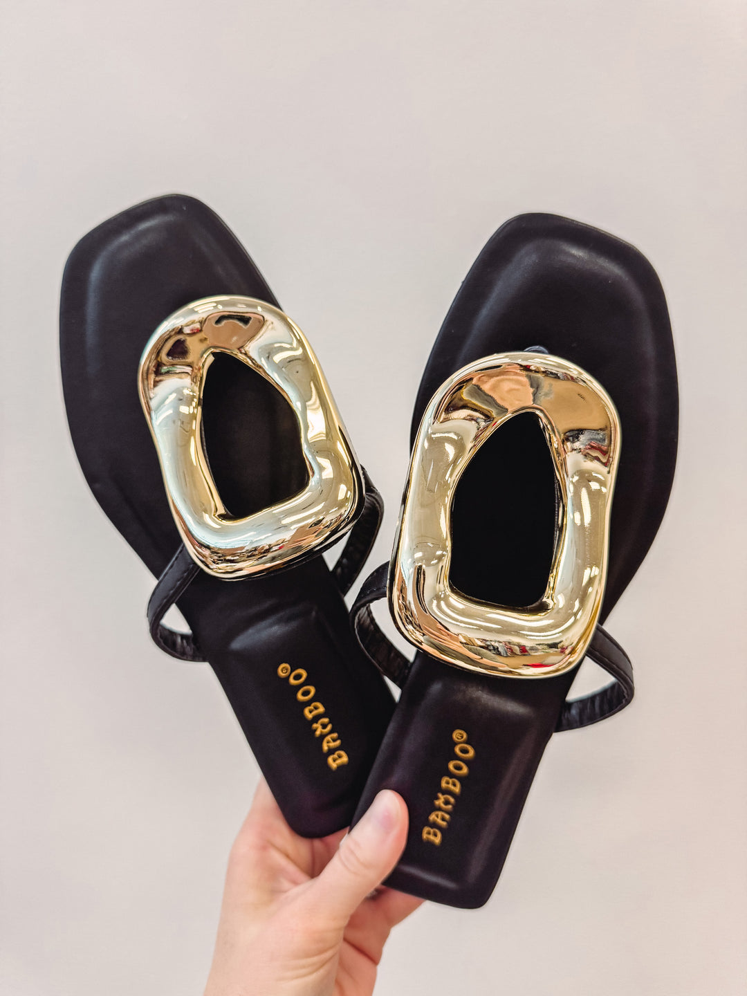bamboo black oval gold slide sandals