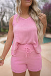 pink knit shorts set for summer