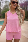 pink knit shorts set for summer