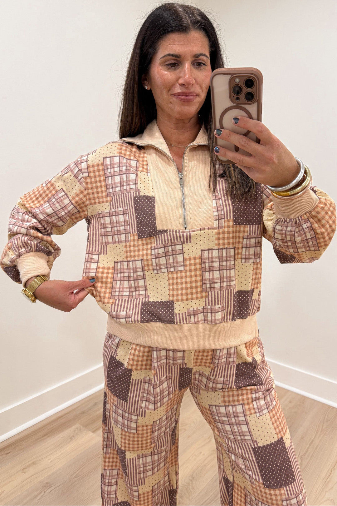 beige brown and multicolored patchwork print mock neck top and pants french terry knit matching set