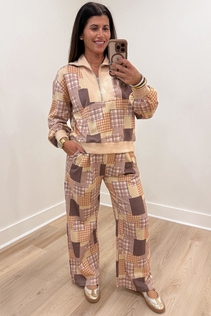 beige brown and multicolored patchwork print top and pants french terry knit matching set