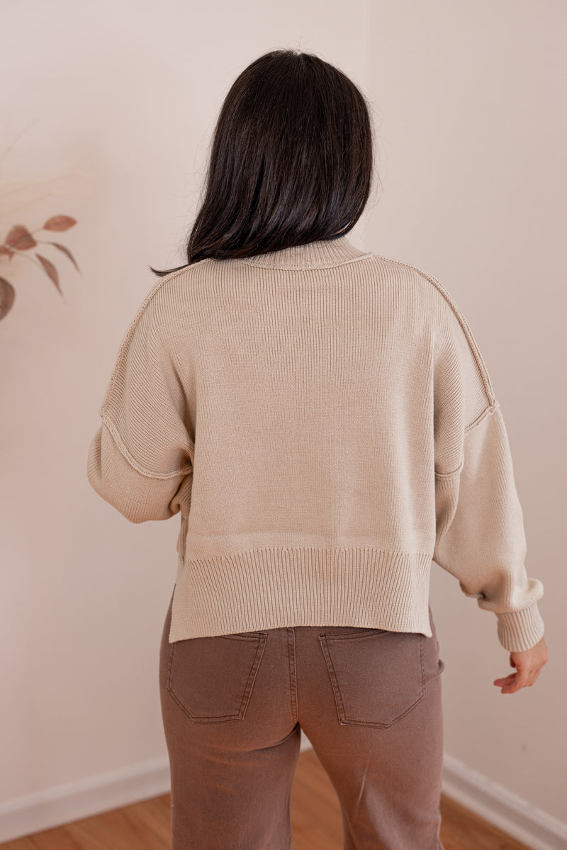 oatmeal cropped mock neck sweater