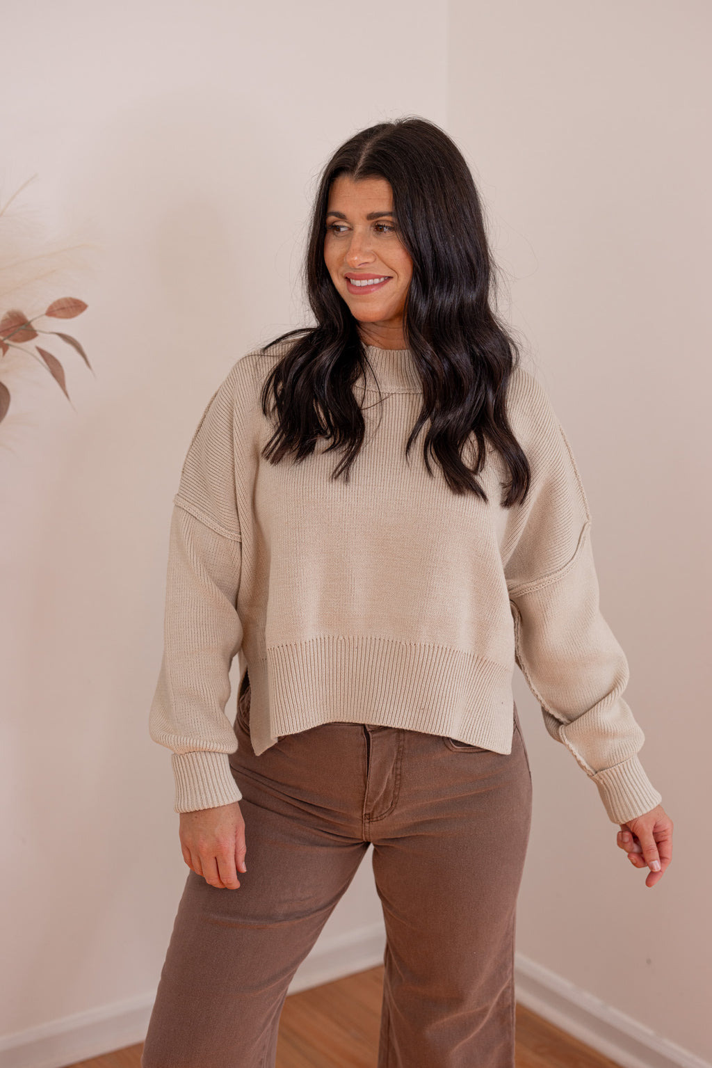 oatmeal cropped mock neck sweater