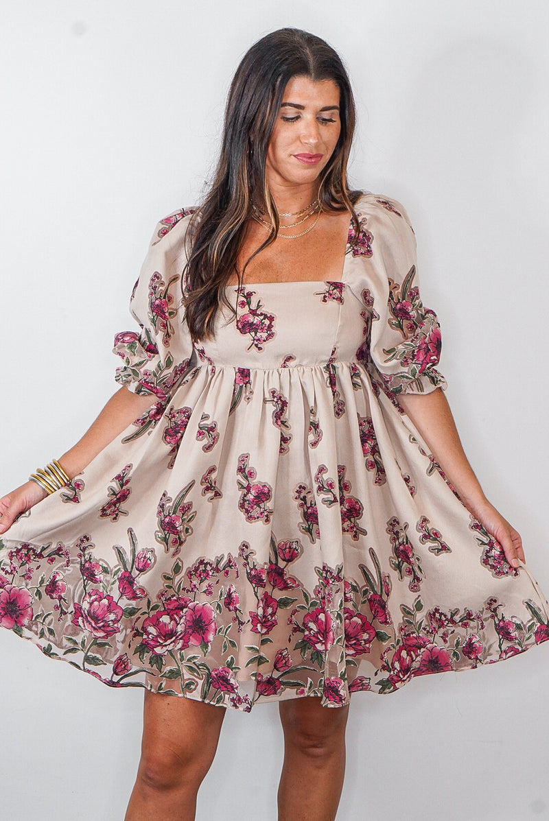 beige floral babydoll storia dress