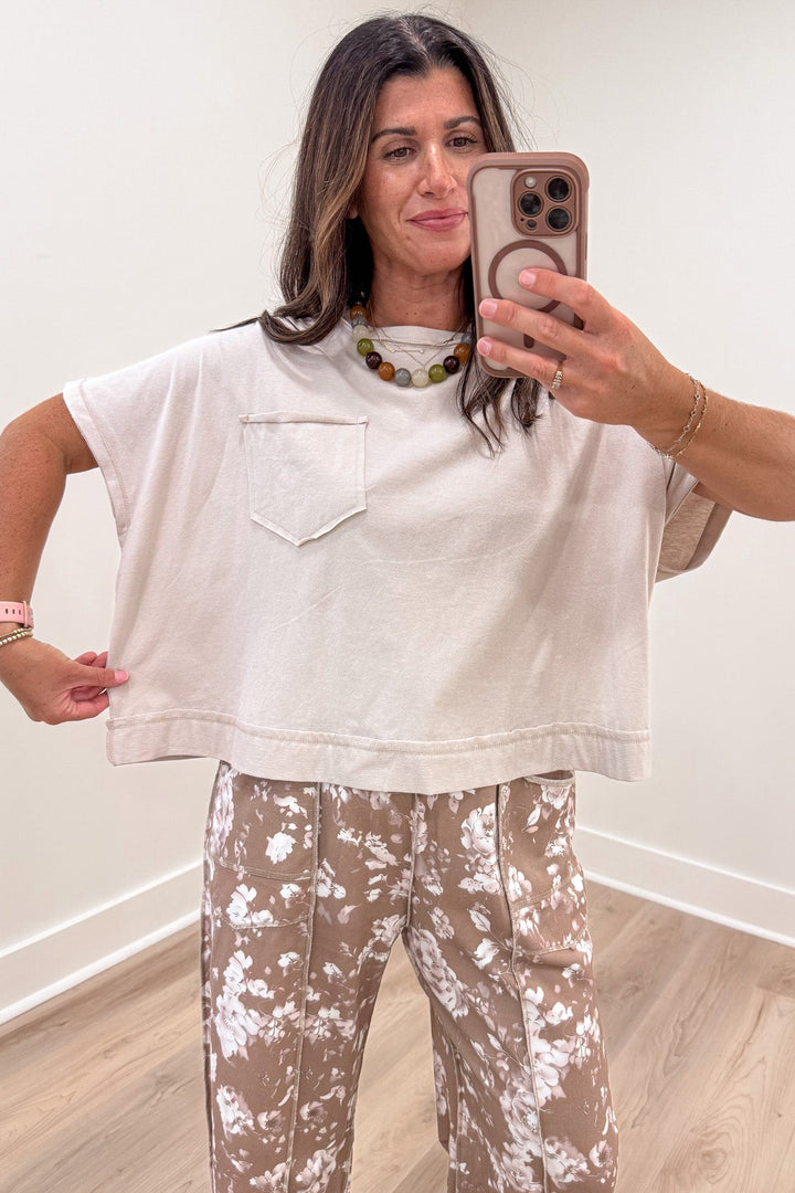 solid sand beige short dolman sleeve crew neckline relaxed boxy silhouette cotton tee top