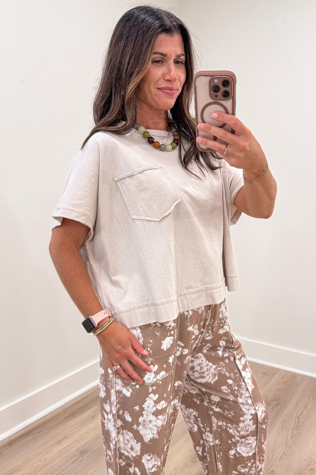 solid sand beige short dolman sleeve crew neckline boxy cotton tee top with one chest pocket