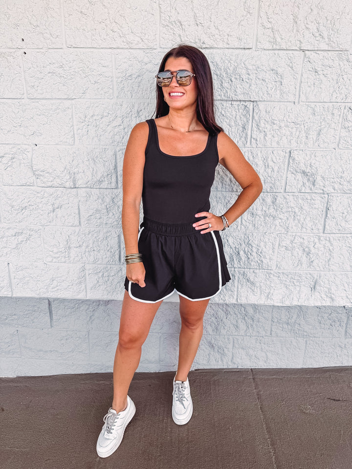 black white trim activewear romper