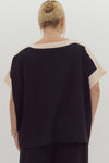 Entro Black ribbed textured knit top with cream trim