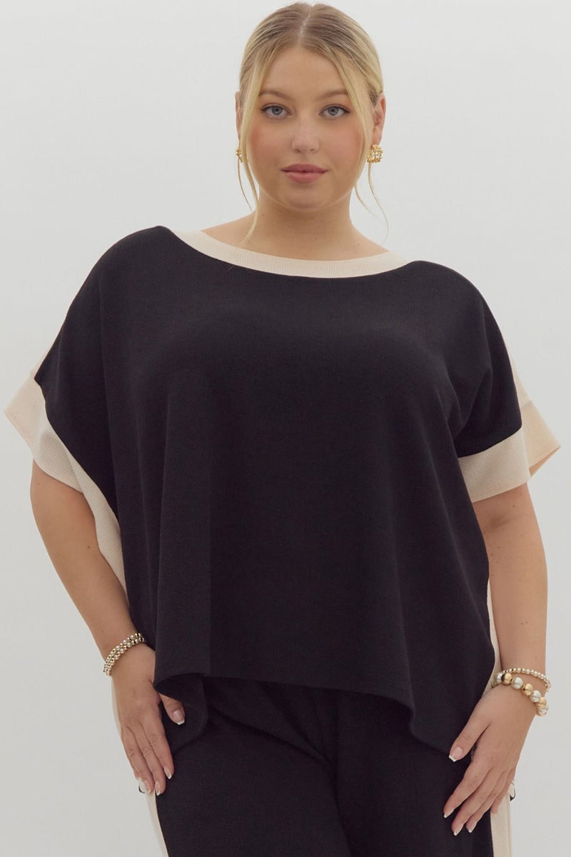 Entro Black ribbed textured knit top with cream trim