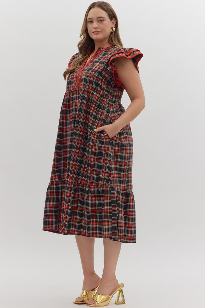 Women's black and red plaid midi dress with red trim by Entro in plus showing slight side view