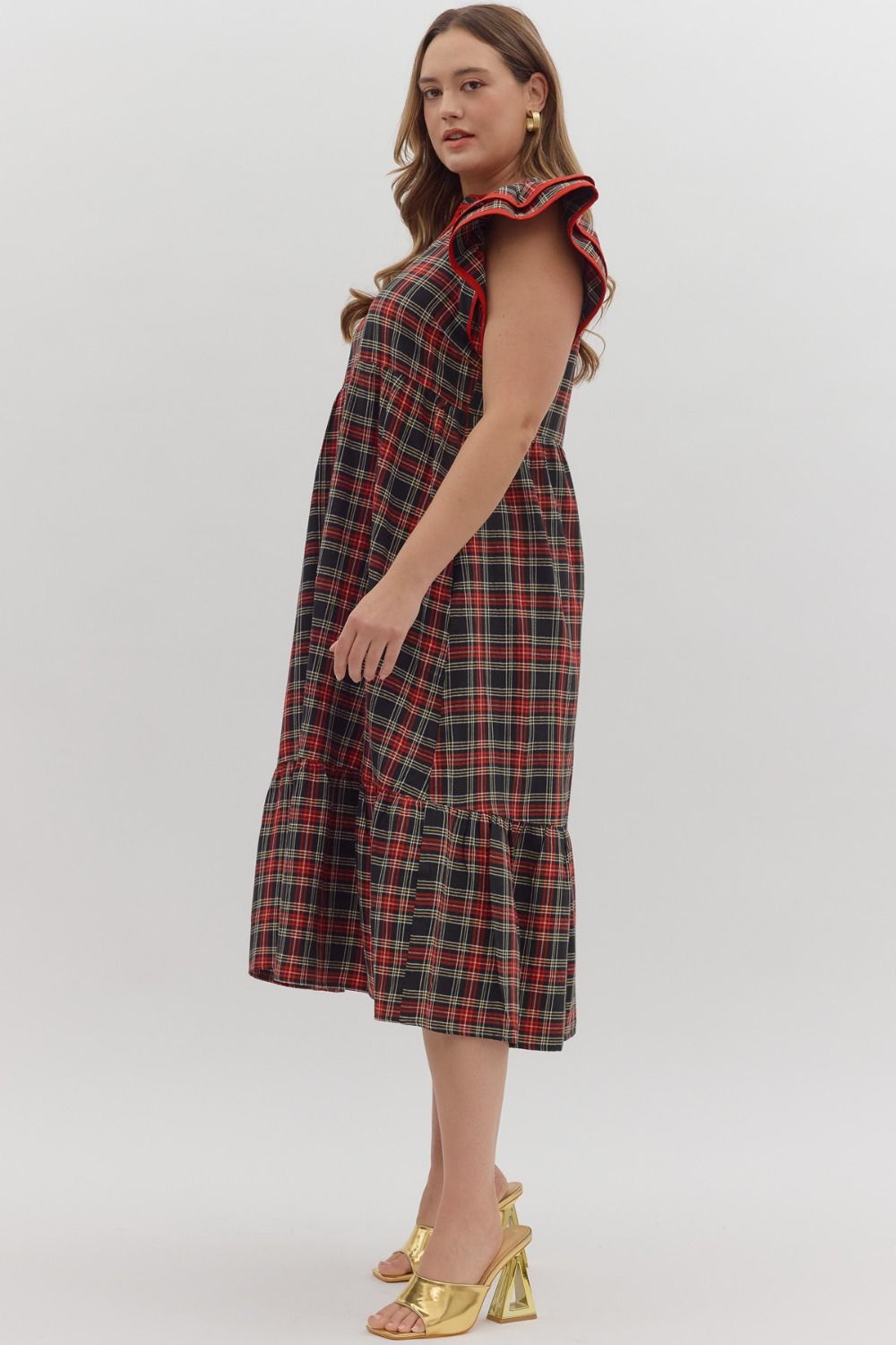Women's black and red plaid midi dress with red trim by Entro in plus showing full side view