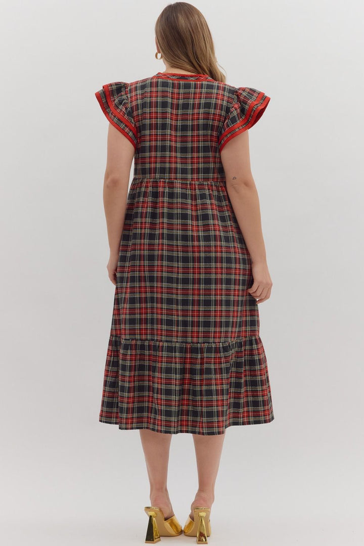 Women's black and red plaid midi dress with red trim by Entro in plus showing back view