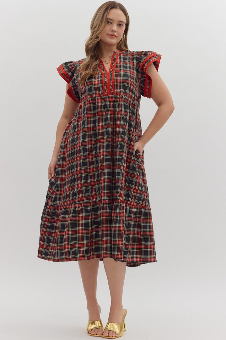 Women's black and red plaid midi dress with red trim by Entro in plus