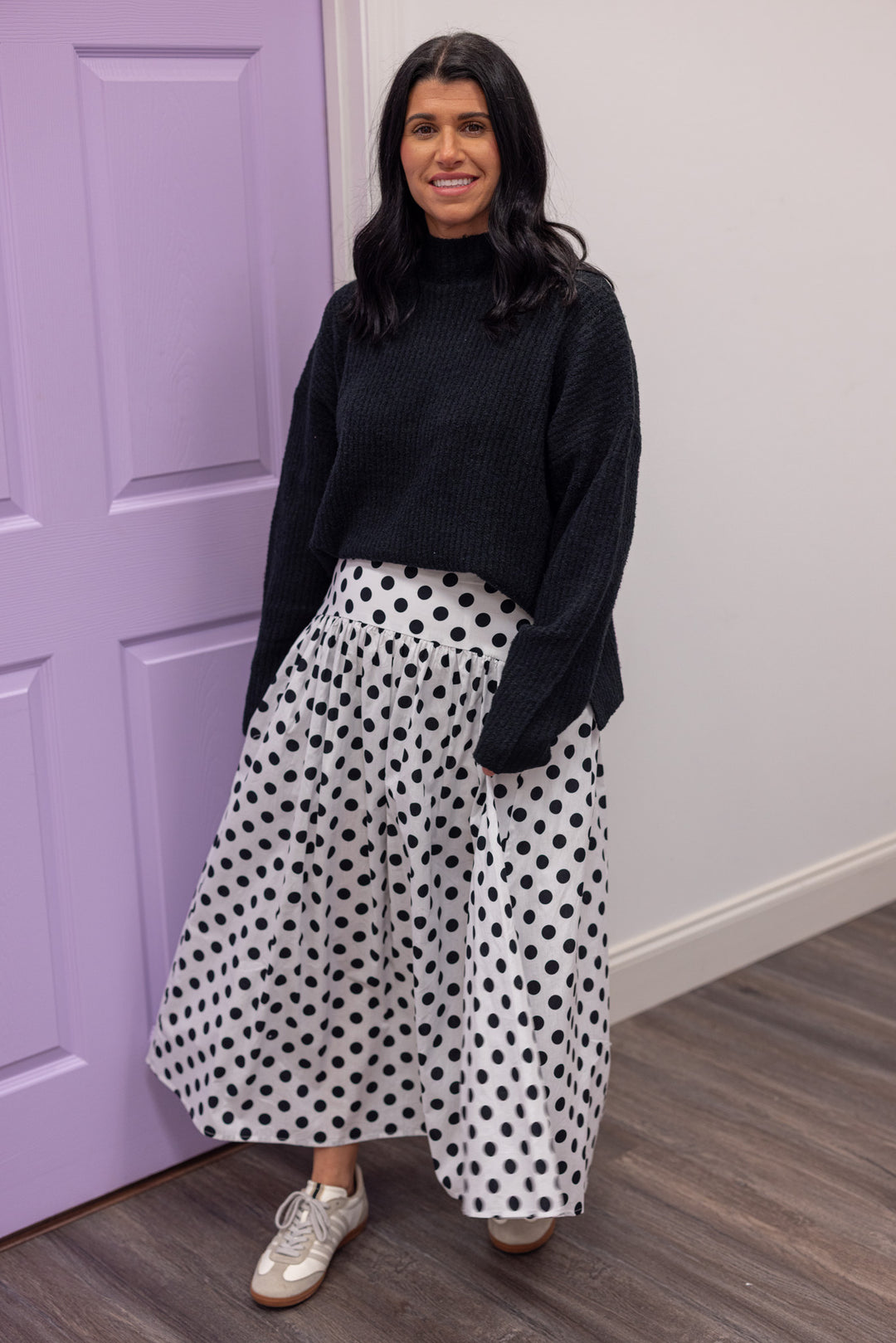 Women's black polka dot maxi skirt by Day + Moon, perfect for church
