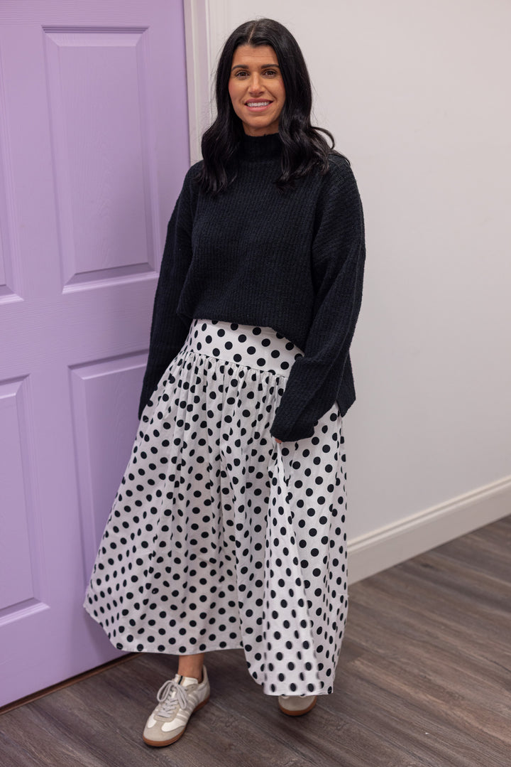Women's black polka dot maxi skirt by Day + Moon, perfect for church