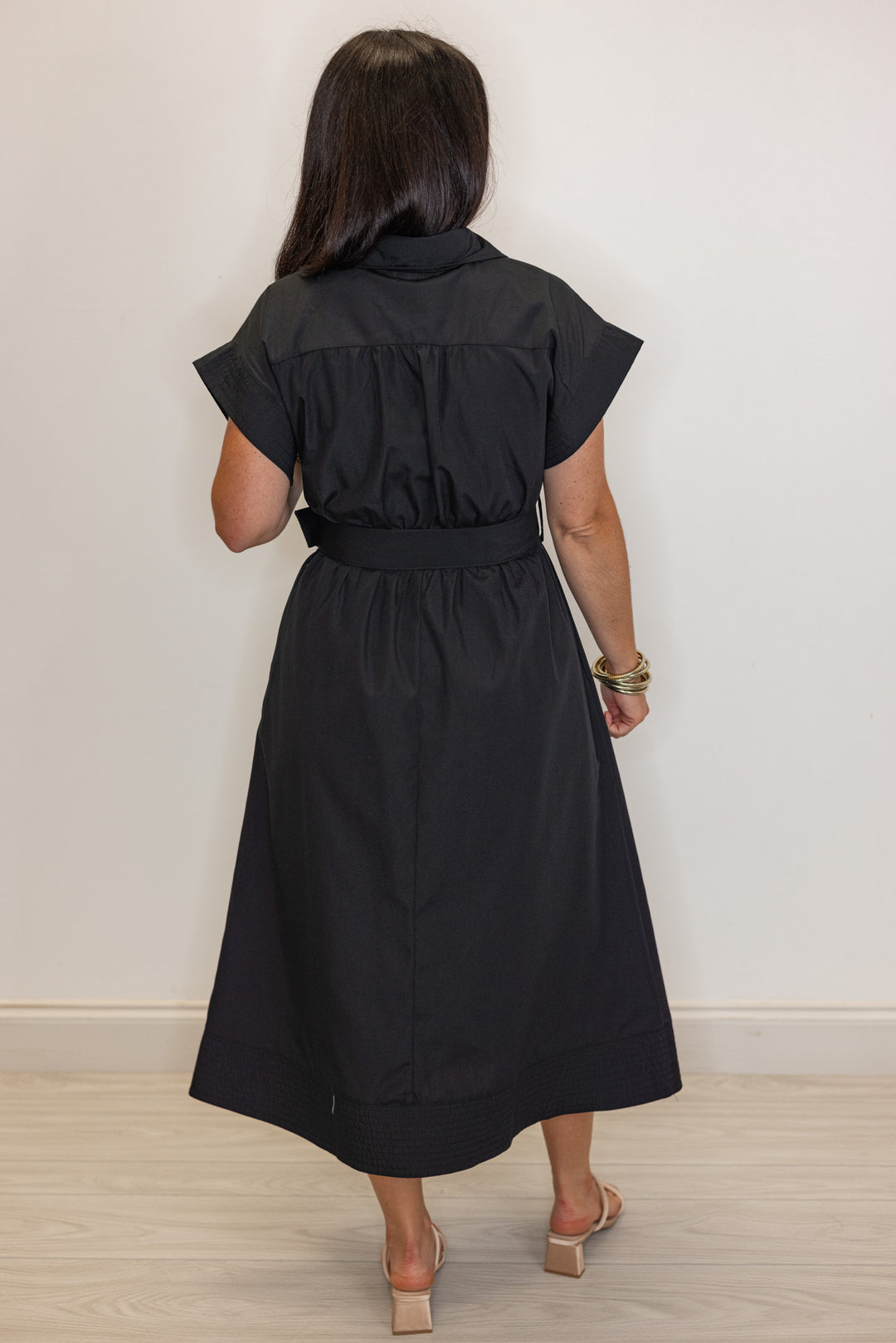 dressy black belted waist midi dress