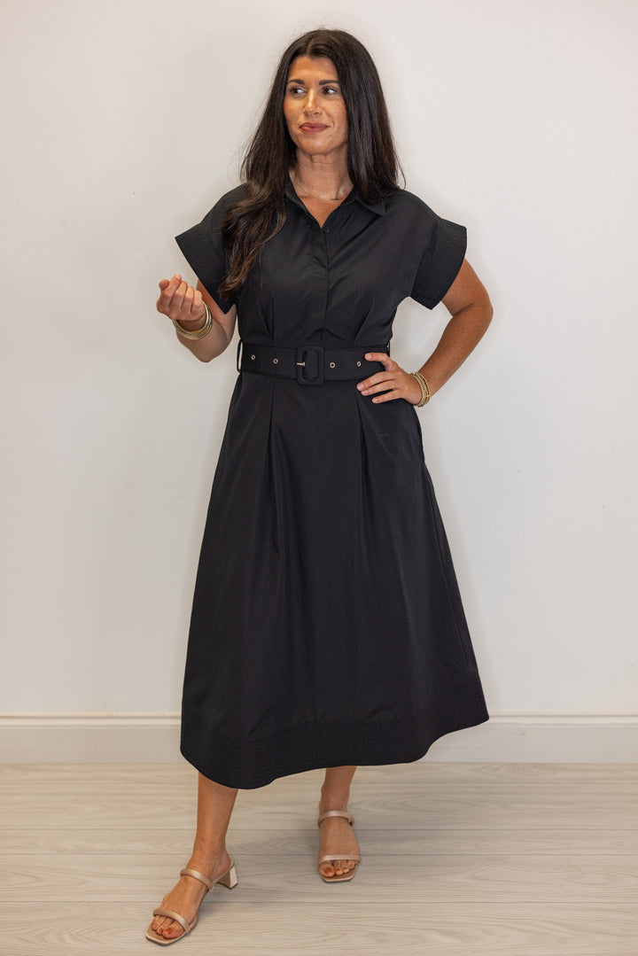 dressy black belted waist midi dress