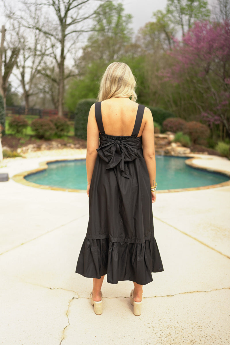 black bow back linen midi dress