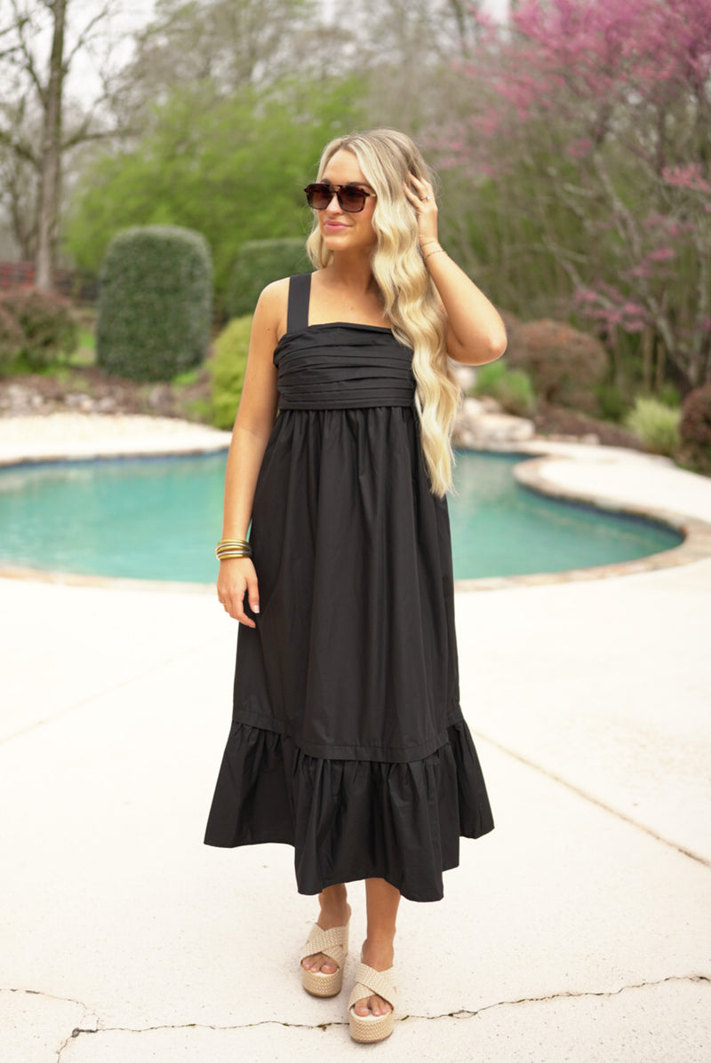 black bow back linen midi dress