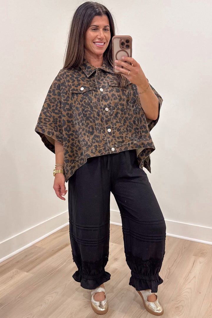 brown and black leopard print snap button front denim poncho style jacket top with front chest pockets