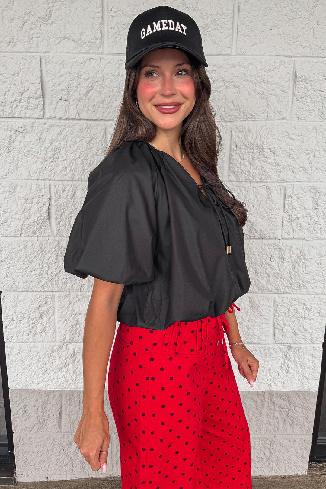 solid black bubble hem gathered elastic short puff sleeve semi-cropped top