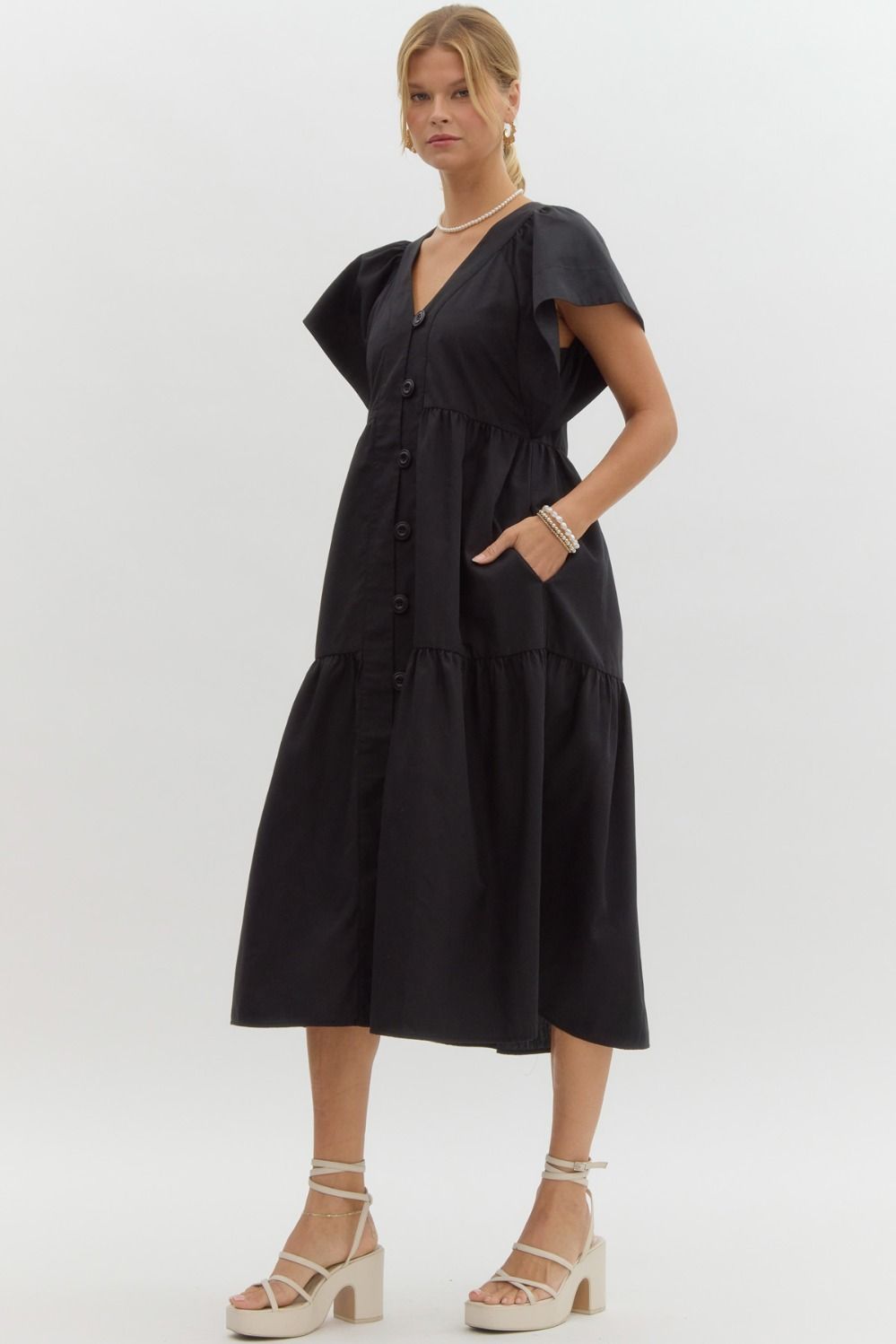 Entro Black button front tiered midi dress with short flutter sleeves