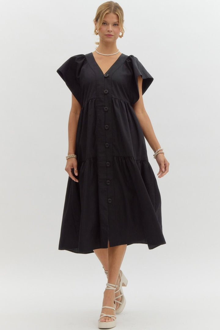 Entro Black button front tiered midi dress with short flutter sleeves