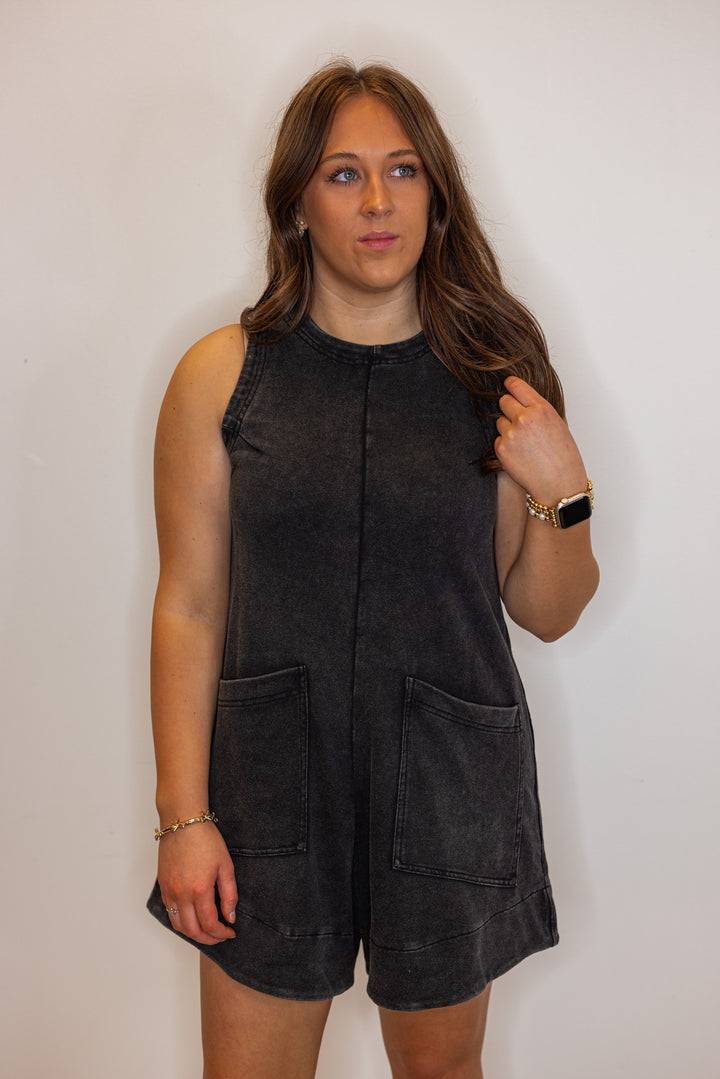black mineral wash cotton romper